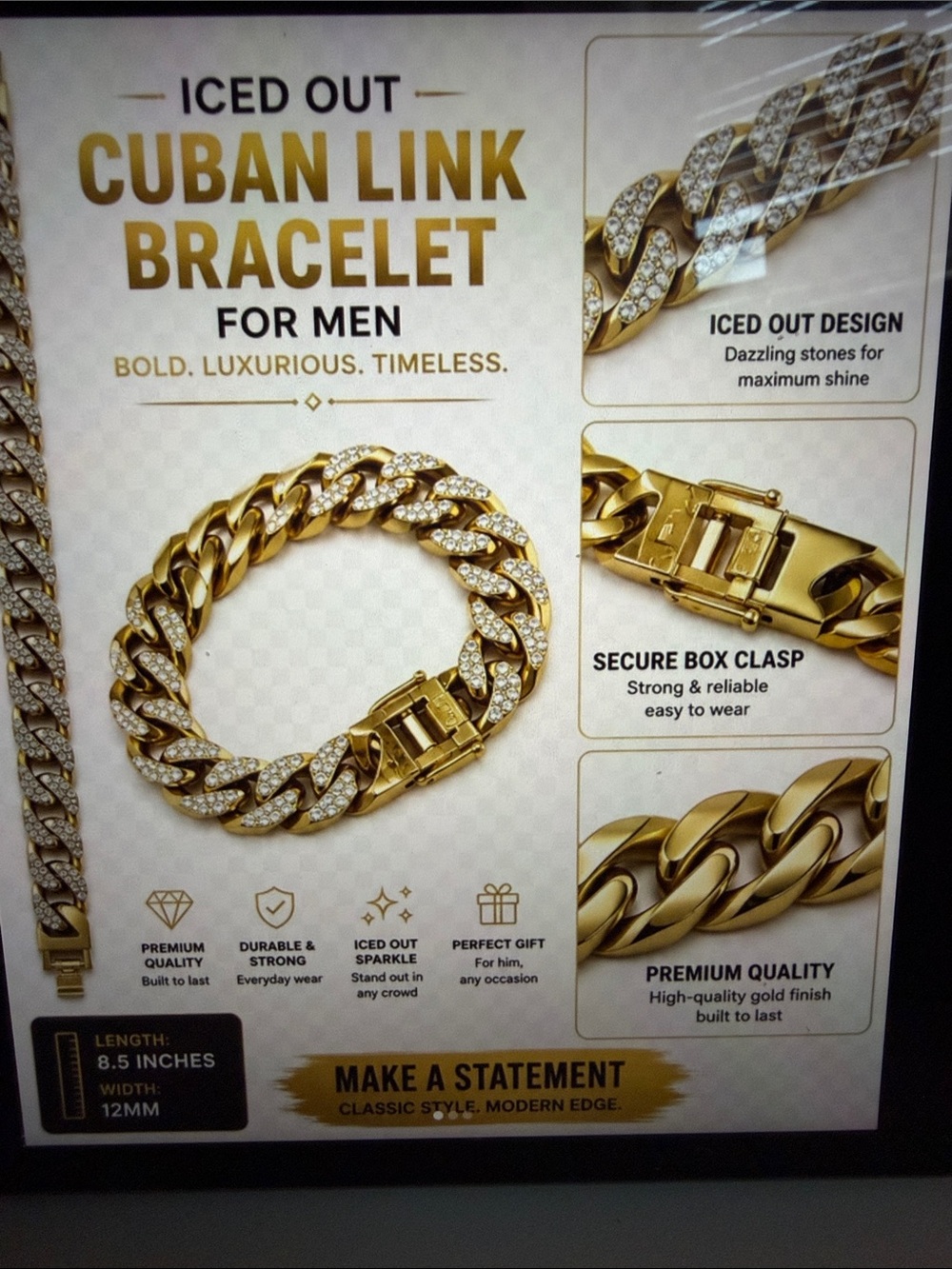 Gold Iced-Out Cuban Link Bracelet for Men